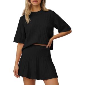 Saodimallsu Womens Sweater Sets 2 Piece Outfits Summer Half Sleeve Ribbed Knit Top and Pleated Skirt Set Lounge Set(Black)