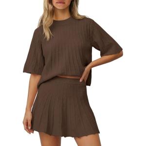 Saodimallsu Womens Sweater Sets 2 Piece Outfits Summer Half Sleeve Ribbed Knit Top and Pleated Skirt Set Lounge Set(Coffee)