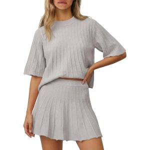 Saodimallsu Womens Sweater Sets 2 Piece Outfits Summer Half Sleeve Ribbed Knit Top and Pleated Skirt Set Lounge Set(Grey)