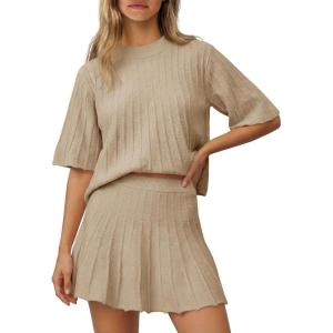 Saodimallsu Womens Sweater Sets 2 Piece Outfits Summer Half Sleeve Ribbed Knit Top and Pleated Skirt Set Lounge Set(Khaki)
