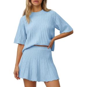 Saodimallsu Womens Sweater Sets 2 Piece Outfits Summer Half Sleeve Ribbed Knit Top and Pleated Skirt Set Lounge Set(Light Blue)