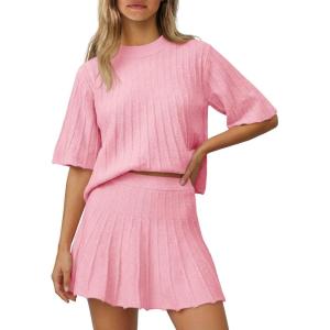Saodimallsu Womens Sweater Sets 2 Piece Outfits Summer Half Sleeve Ribbed Knit Top and Pleated Skirt Set Lounge Set(Pink)