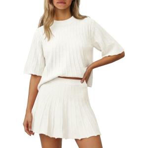 Saodimallsu Womens Sweater Sets 2 Piece Outfits Summer Half Sleeve Ribbed Knit Top and Pleated Skirt Set Lounge Set(White)