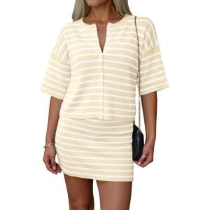 Saodimallsu Womens Two Piece Skirt Set Summer Striped Knit Short Sleeve Button Cardigans And Mini Skirt Lounge Set(Apricot)