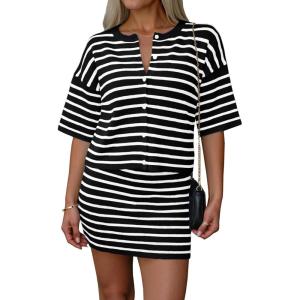 Saodimallsu Womens Two Piece Skirt Set Summer Striped Knit Short Sleeve Button Cardigans And Mini Skirt Lounge Set(Black)