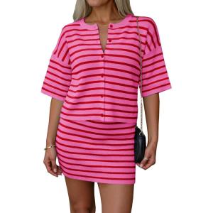 Saodimallsu Womens Two Piece Skirt Set Summer Striped Knit Short Sleeve Button Cardigans And Mini Skirt Lounge Set(Bright Pink)