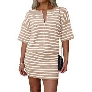 Saodimallsu Womens Two Piece Skirt Set Summer Striped Knit Short Sleeve Button Cardigans And Mini Skirt Lounge Set(Khaki)