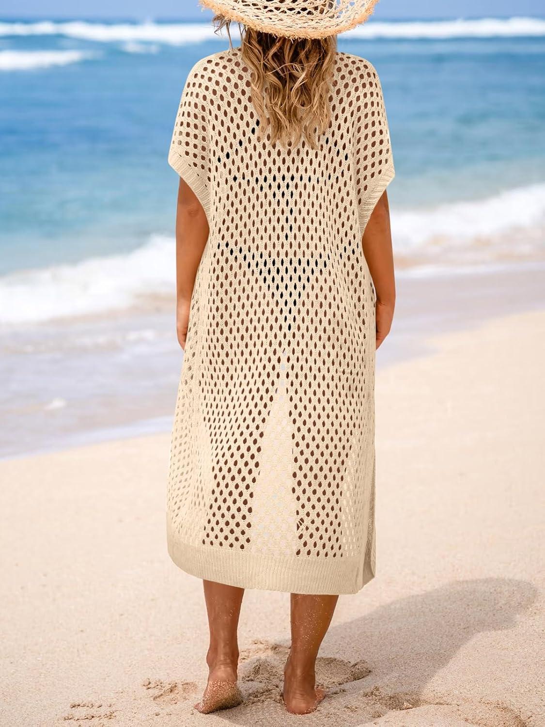 image:imageSaodimallsu Women Crochet Swimsuit Coverup Short Sleeve Open Front Long Cardigans Maxi Boho Knit Beach OutfitsApricot