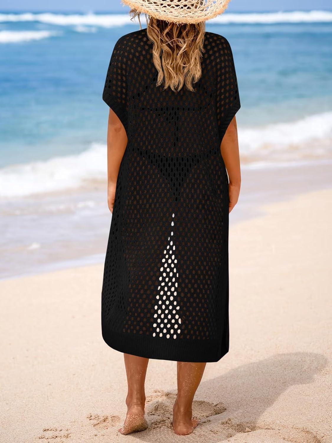 image:imageSaodimallsu Women Crochet Swimsuit Coverup Short Sleeve Open Front Long Cardigans Maxi Boho Knit Beach OutfitsBlack
