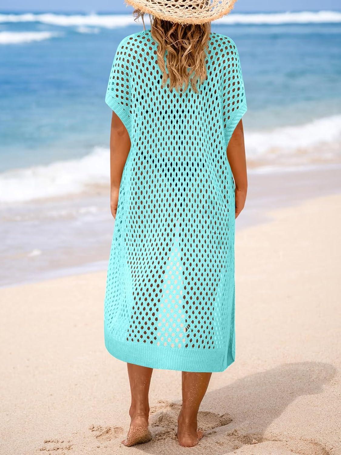 image:imageSaodimallsu Women Crochet Swimsuit Coverup Short Sleeve Open Front Long Cardigans Maxi Boho Knit Beach OutfitsBlue