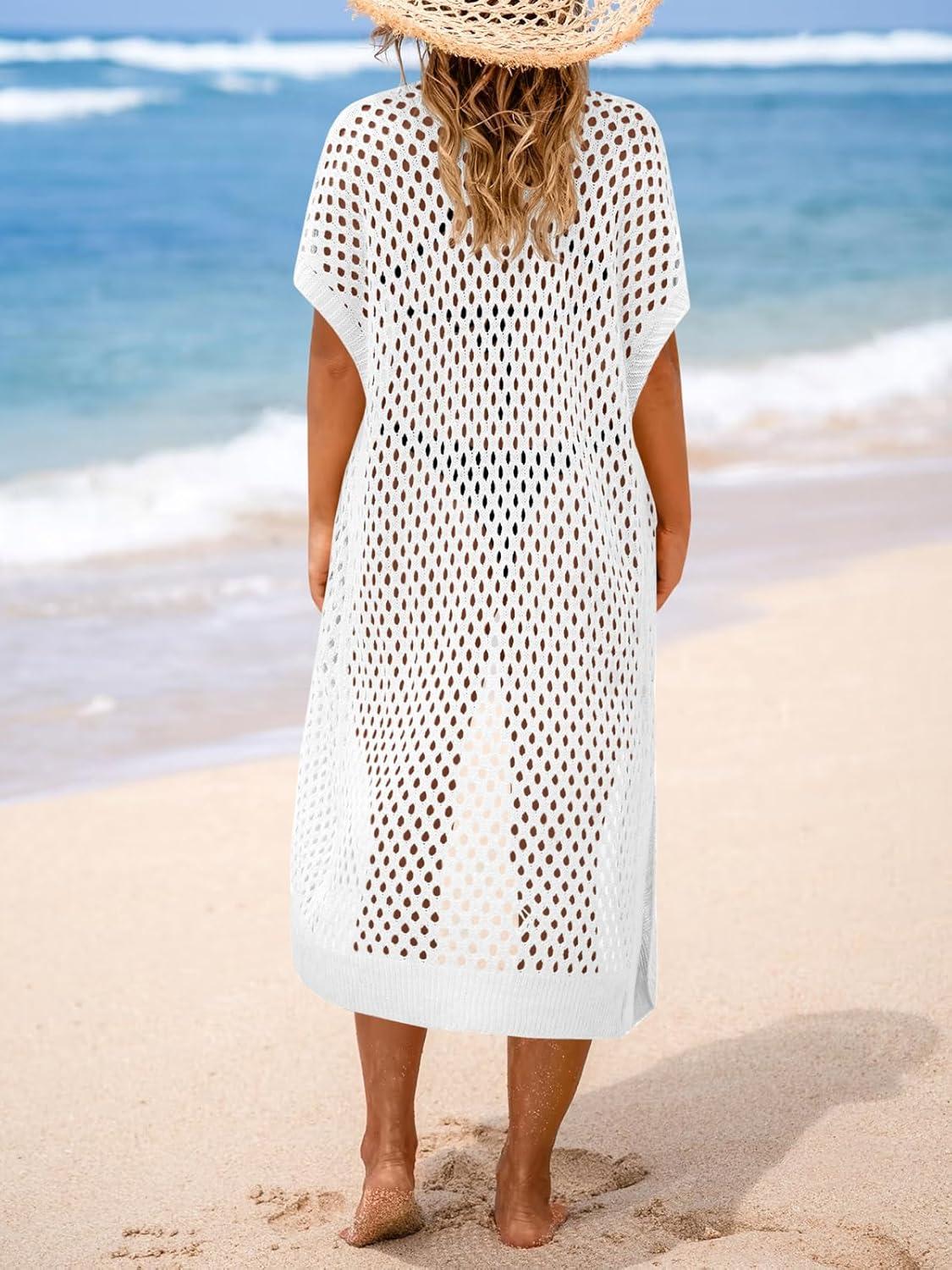 image:imageSaodimallsu Women Crochet Swimsuit Coverup Short Sleeve Open Front Long Cardigans Maxi Boho Knit Beach OutfitsWhite