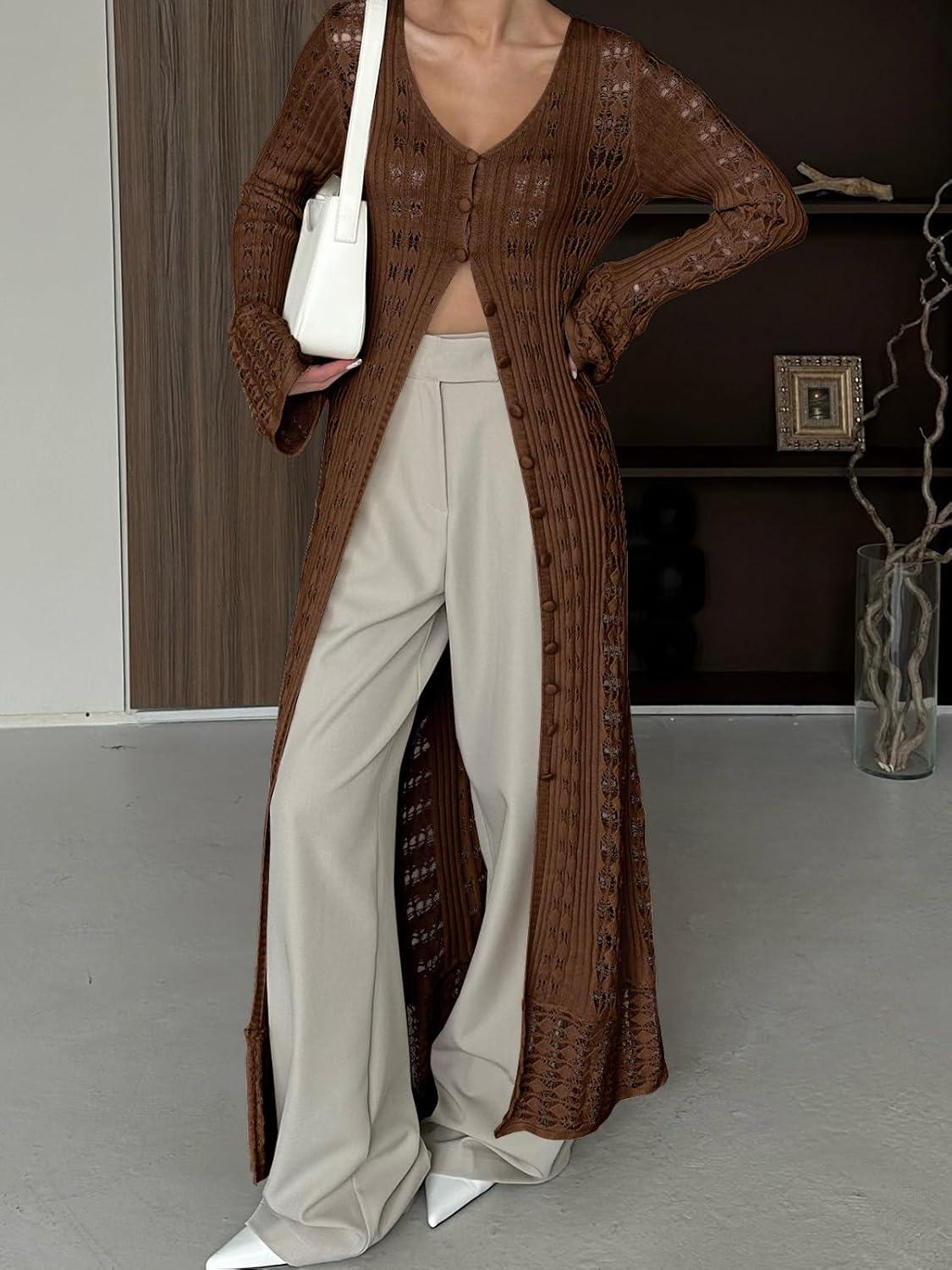 image:imageSaodimallsu Womens Crochet Long Cardigans Duster Button Up Bell Long Sleeve Ruffle 2026 Summer Boho Beach Cover UpsCoffee