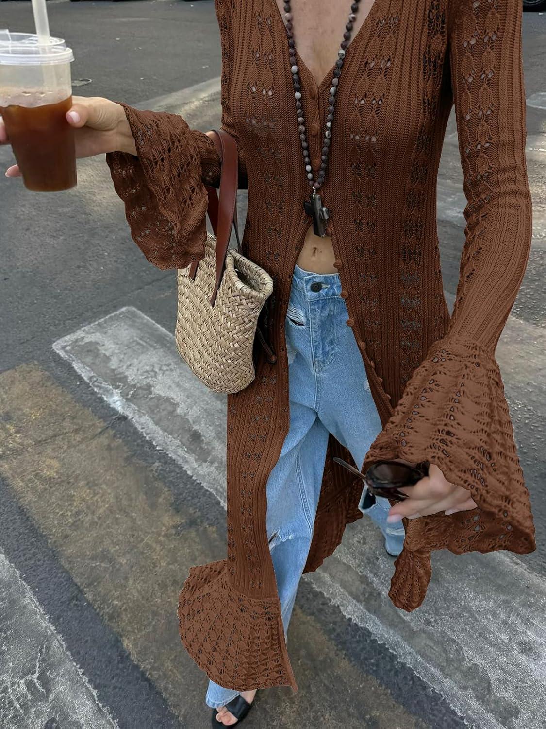 image:imageSaodimallsu Womens Crochet Long Cardigans Duster Button Up Bell Long Sleeve Ruffle 2026 Summer Boho Beach Cover UpsCoffee
