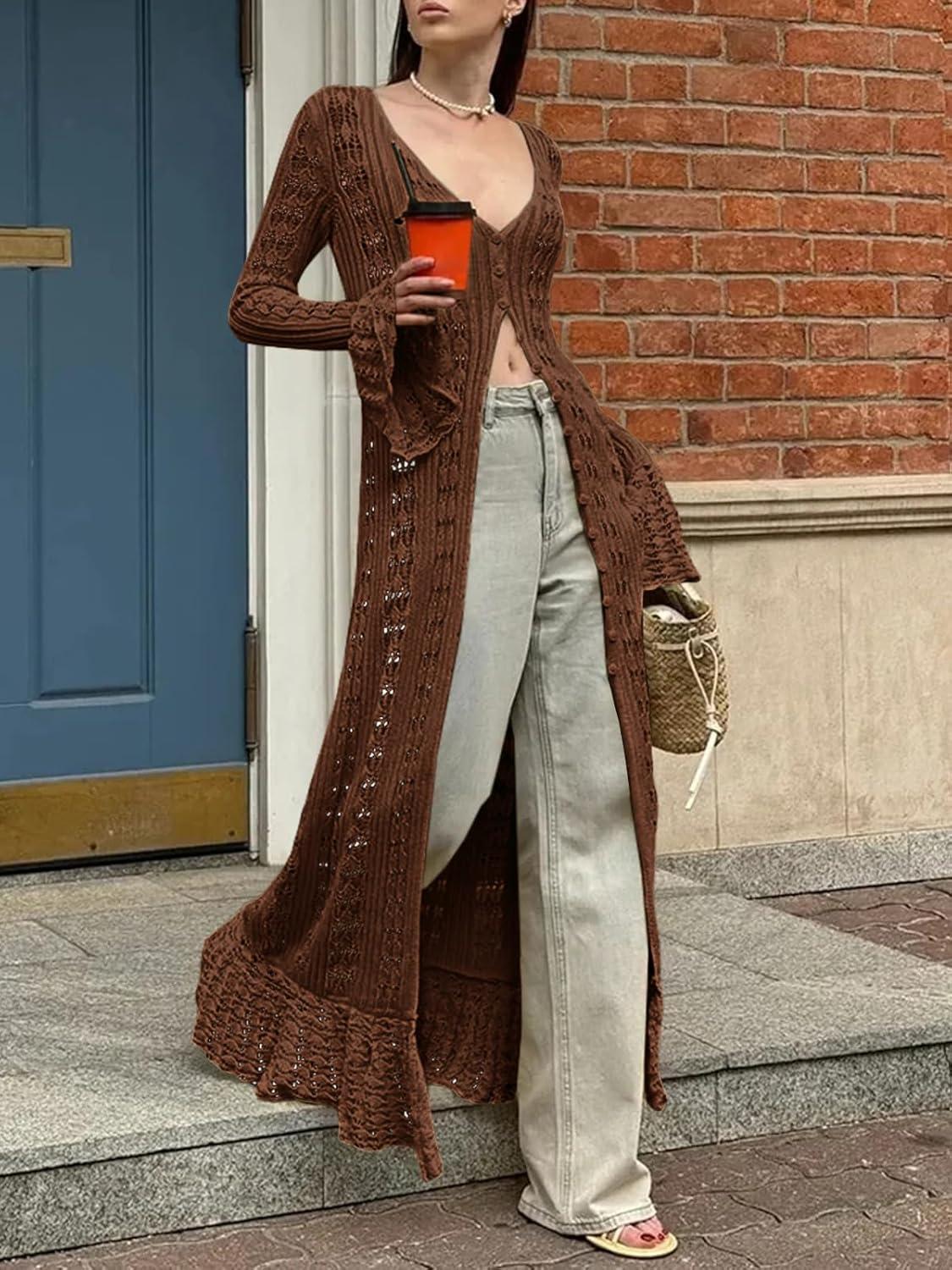 image:imageSaodimallsu Womens Crochet Long Cardigans Duster Button Up Bell Long Sleeve Ruffle 2026 Summer Boho Beach Cover UpsCoffee