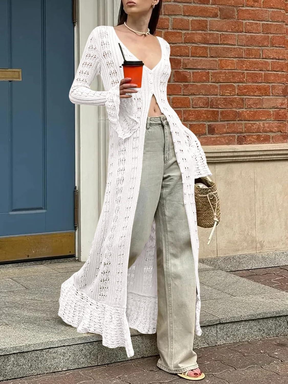 image:imageSaodimallsu Womens Crochet Long Cardigans Duster Button Up Bell Long Sleeve Ruffle 2026 Summer Boho Beach Cover UpsWhite
