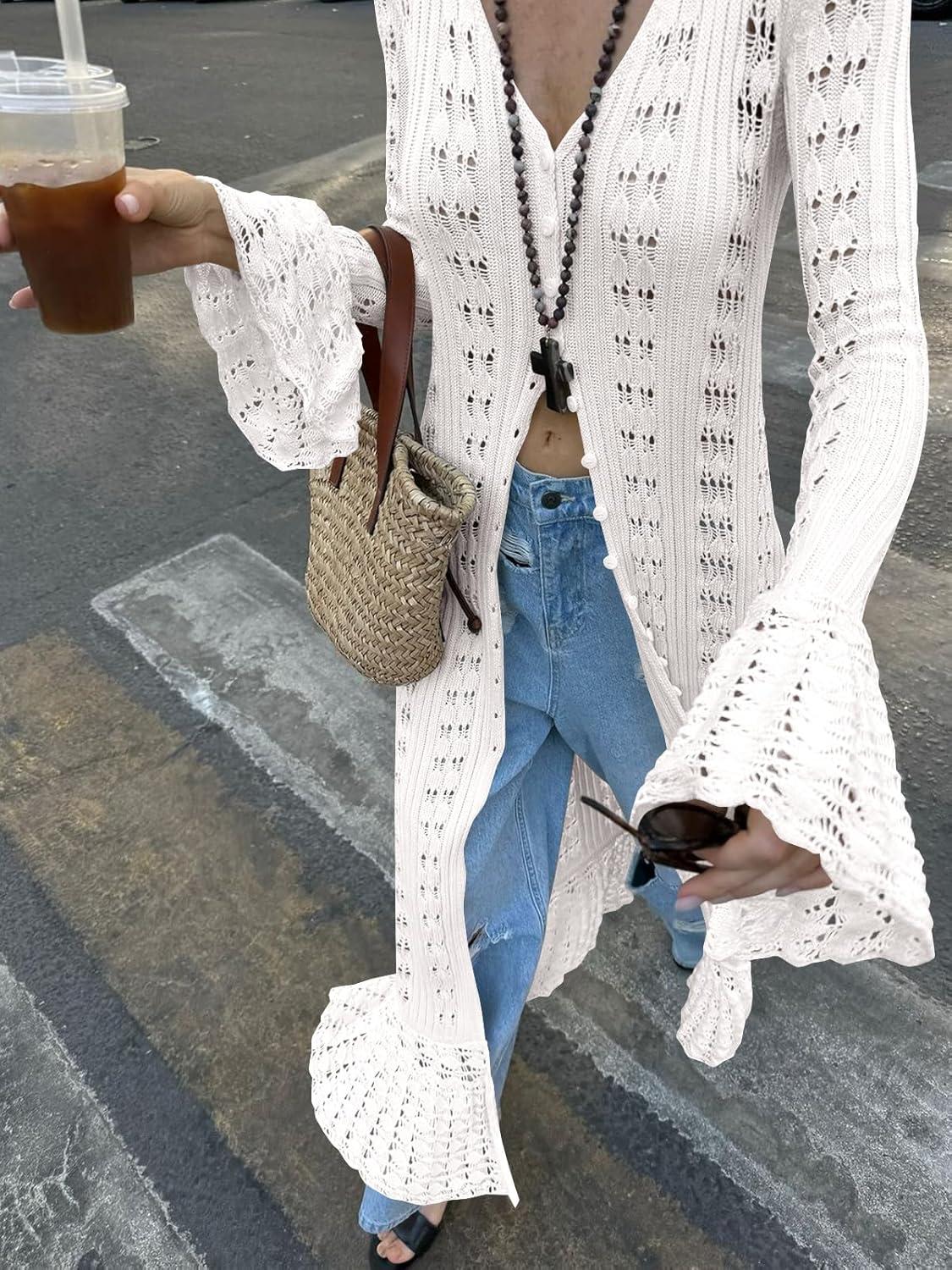 image:imageSaodimallsu Womens Crochet Long Cardigans Duster Button Up Bell Long Sleeve Ruffle 2026 Summer Boho Beach Cover UpsWhite