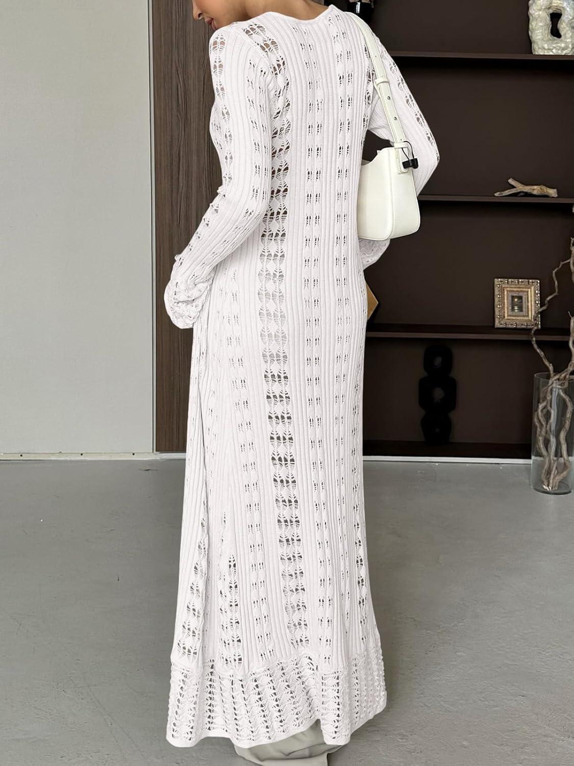 image:imageSaodimallsu Womens Crochet Long Cardigans Duster Button Up Bell Long Sleeve Ruffle 2026 Summer Boho Beach Cover UpsWhite
