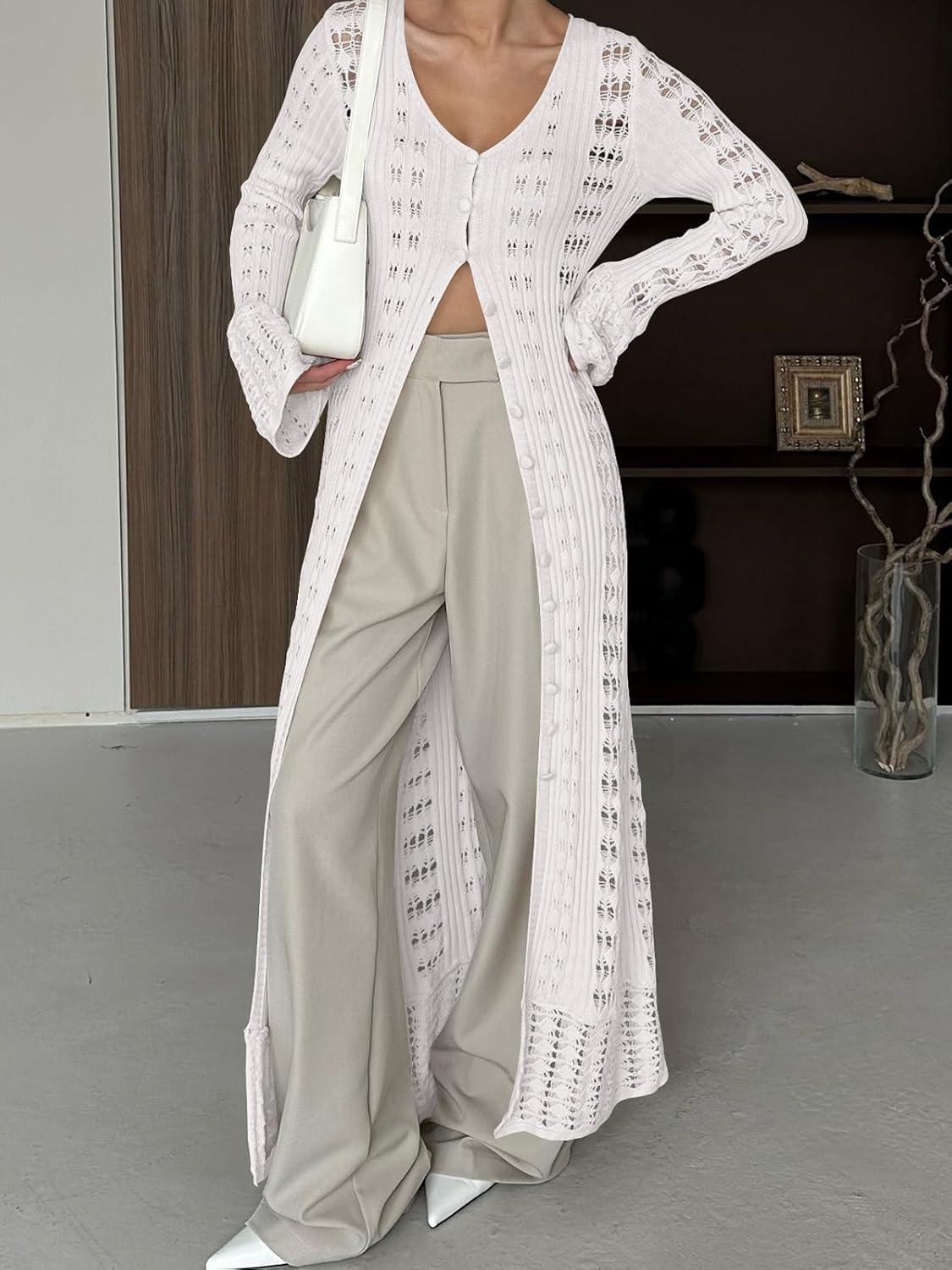 image:imageSaodimallsu Womens Crochet Long Cardigans Duster Button Up Bell Long Sleeve Ruffle 2026 Summer Boho Beach Cover UpsWhite