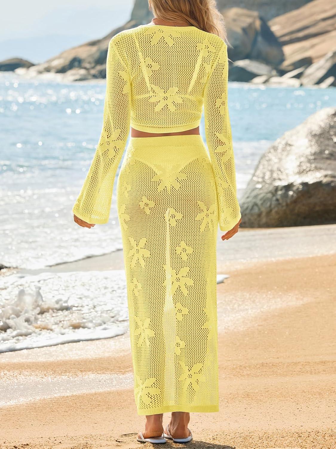 image:imageSaodimallsu Womens Crochet Swim Cover Up 2 Piece V Neck Long Sleeve Wrap Tie Crop Tops Beach Boho Maxi Coverup SetYellow