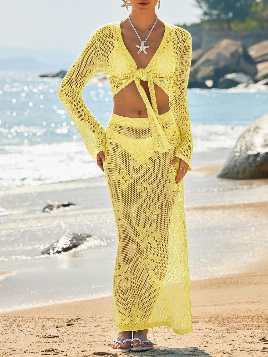 image:imageSaodimallsu Womens Crochet Swim Cover Up 2 Piece V Neck Long Sleeve Wrap Tie Crop Tops Beach Boho Maxi Coverup SetYellow