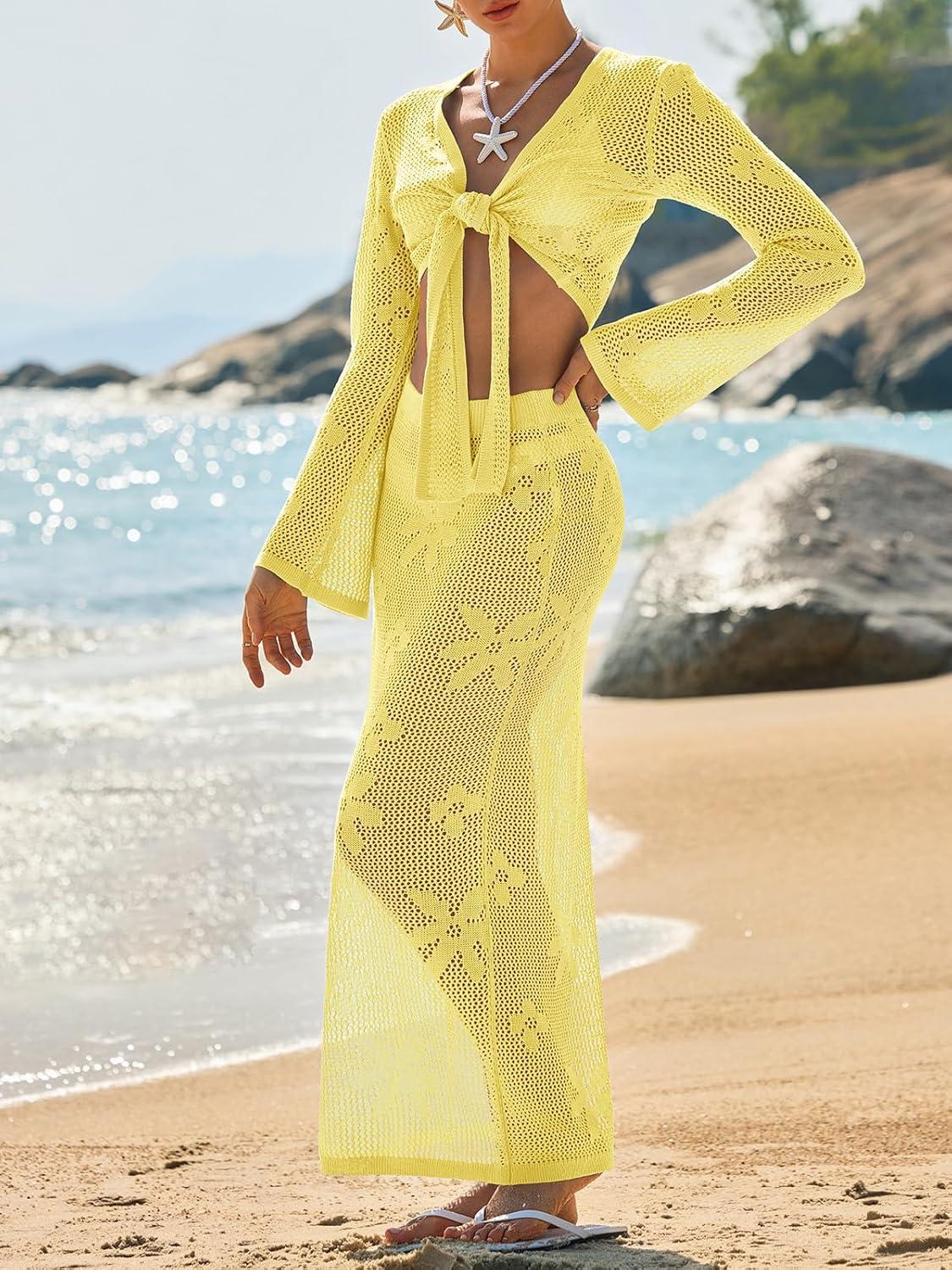 image:imageSaodimallsu Womens Crochet Swim Cover Up 2 Piece V Neck Long Sleeve Wrap Tie Crop Tops Beach Boho Maxi Coverup SetYellow