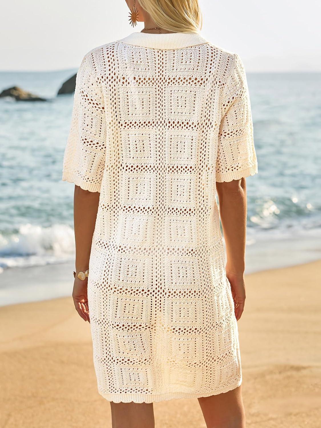 image:imageSaodimallsu Womens Crochet Swimsuit Cover Up Dress Short Sleeve Button V Neck Knit Summer Beach Vacation OutfitsBeige