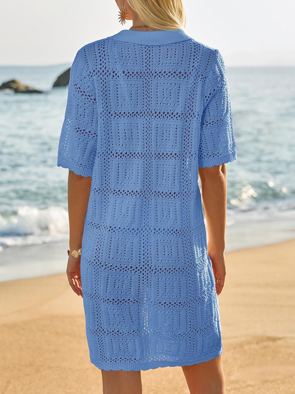 image:imageSaodimallsu Womens Crochet Swimsuit Cover Up Dress Short Sleeve Button V Neck Knit Summer Beach Vacation OutfitsBlue