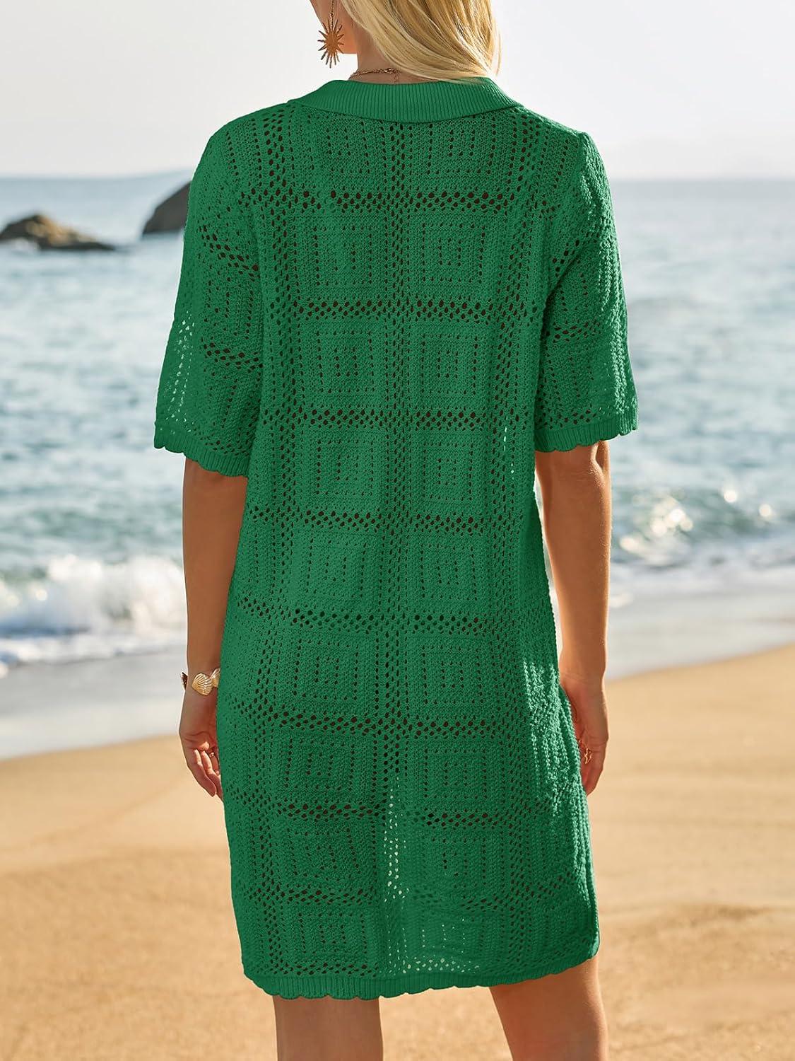 image:imageSaodimallsu Womens Crochet Swimsuit Cover Up Dress Short Sleeve Button V Neck Knit Summer Beach Vacation OutfitsGreen