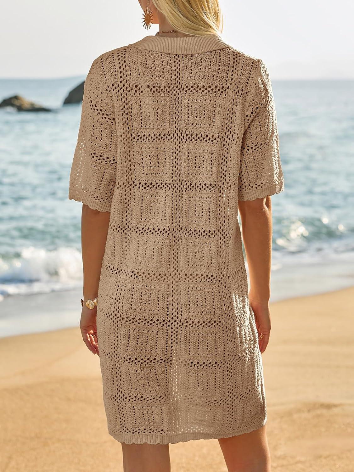 image:imageSaodimallsu Womens Crochet Swimsuit Cover Up Dress Short Sleeve Button V Neck Knit Summer Beach Vacation OutfitsKhaki
