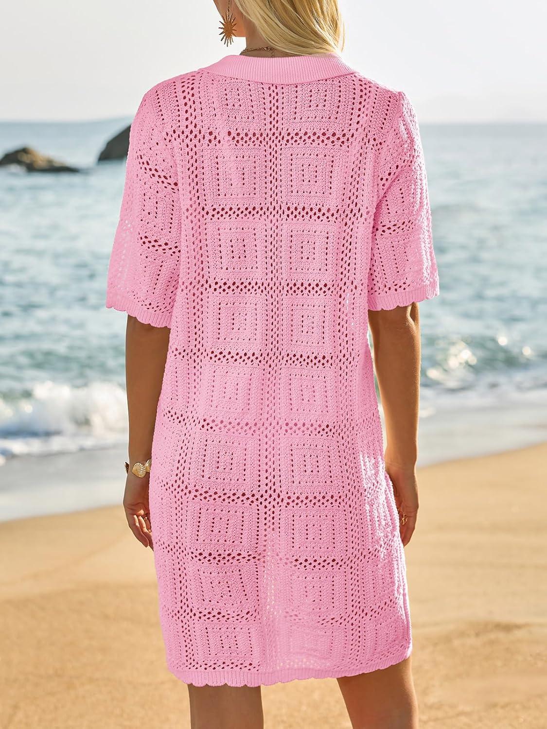 image:imageSaodimallsu Womens Crochet Swimsuit Cover Up Dress Short Sleeve Button V Neck Knit Summer Beach Vacation OutfitsPink