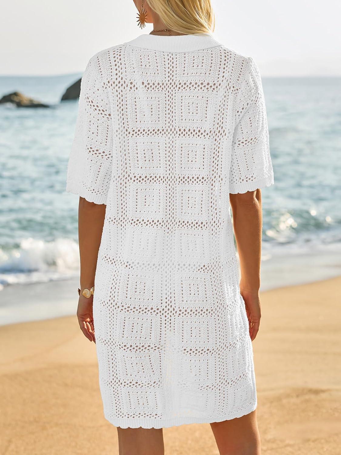 image:imageSaodimallsu Womens Crochet Swimsuit Cover Up Dress Short Sleeve Button V Neck Knit Summer Beach Vacation OutfitsWhite