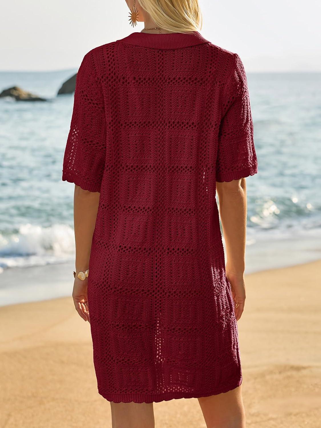 image:imageSaodimallsu Womens Crochet Swimsuit Cover Up Dress Short Sleeve Button V Neck Knit Summer Beach Vacation OutfitsWine Red