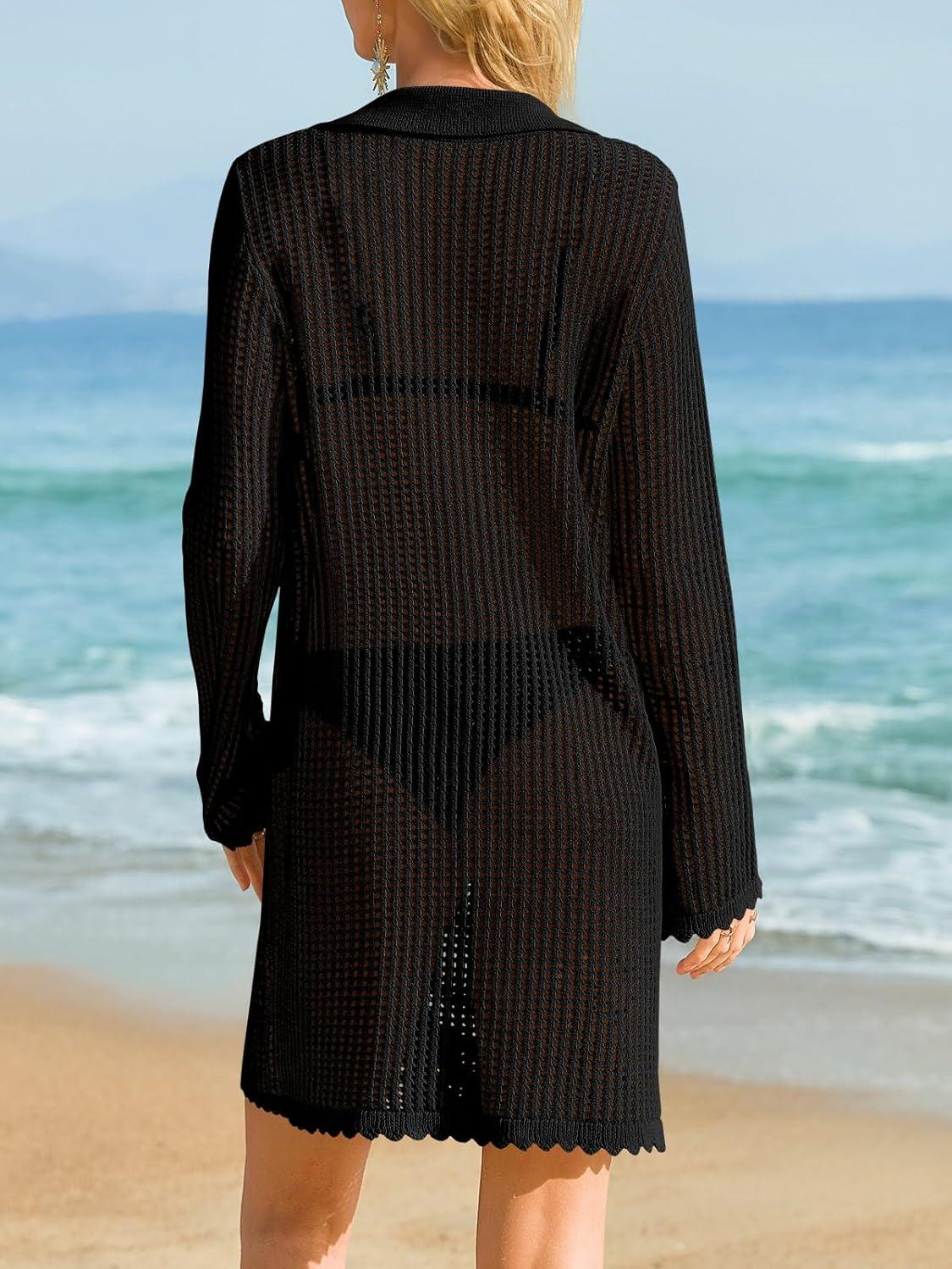 image:imageSaodimallsu Womens Crochet Swimsuit Coverup Button Down Long Sleeve Cardigan Mini Dress Beach Cover Ups Vacation OutfitsBlack