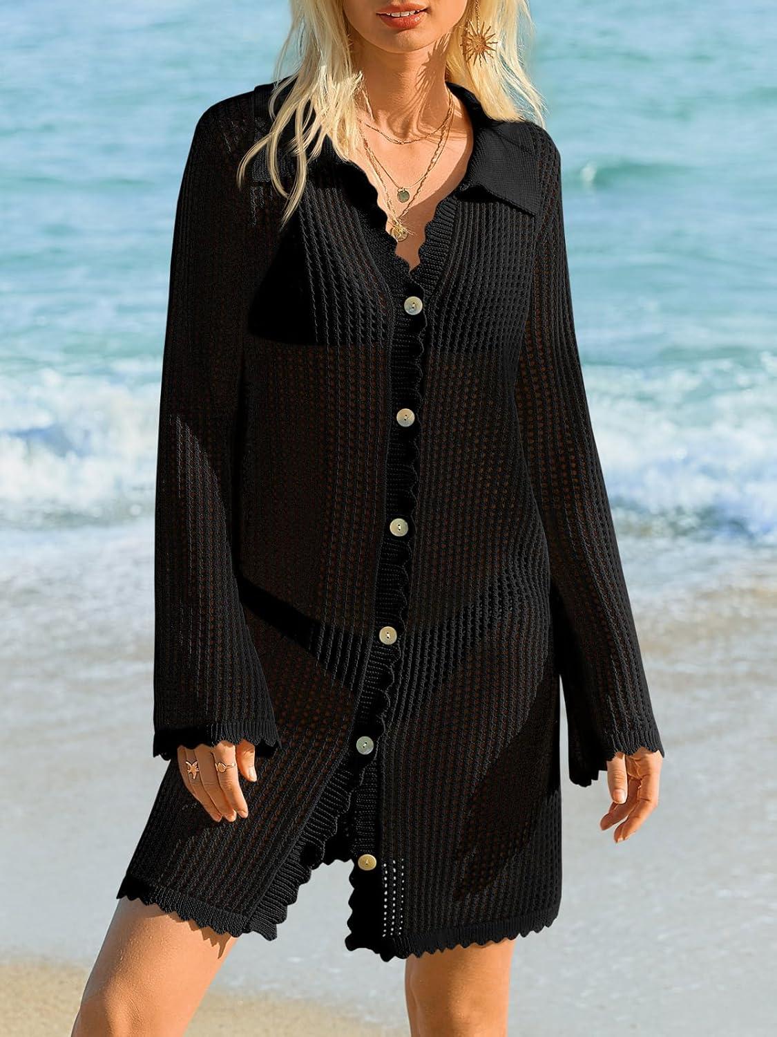 image:imageSaodimallsu Womens Crochet Swimsuit Coverup Button Down Long Sleeve Cardigan Mini Dress Beach Cover Ups Vacation OutfitsBlack
