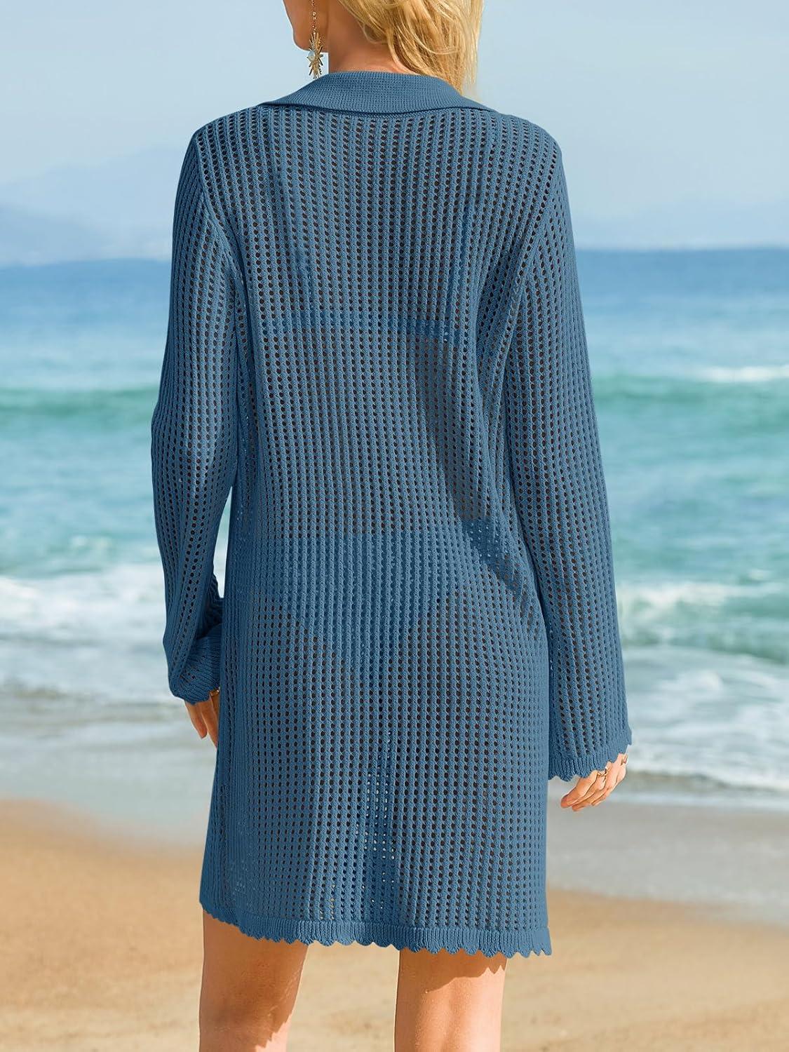 image:imageSaodimallsu Womens Crochet Swimsuit Coverup Button Down Long Sleeve Cardigan Mini Dress Beach Cover Ups Vacation OutfitsBlue