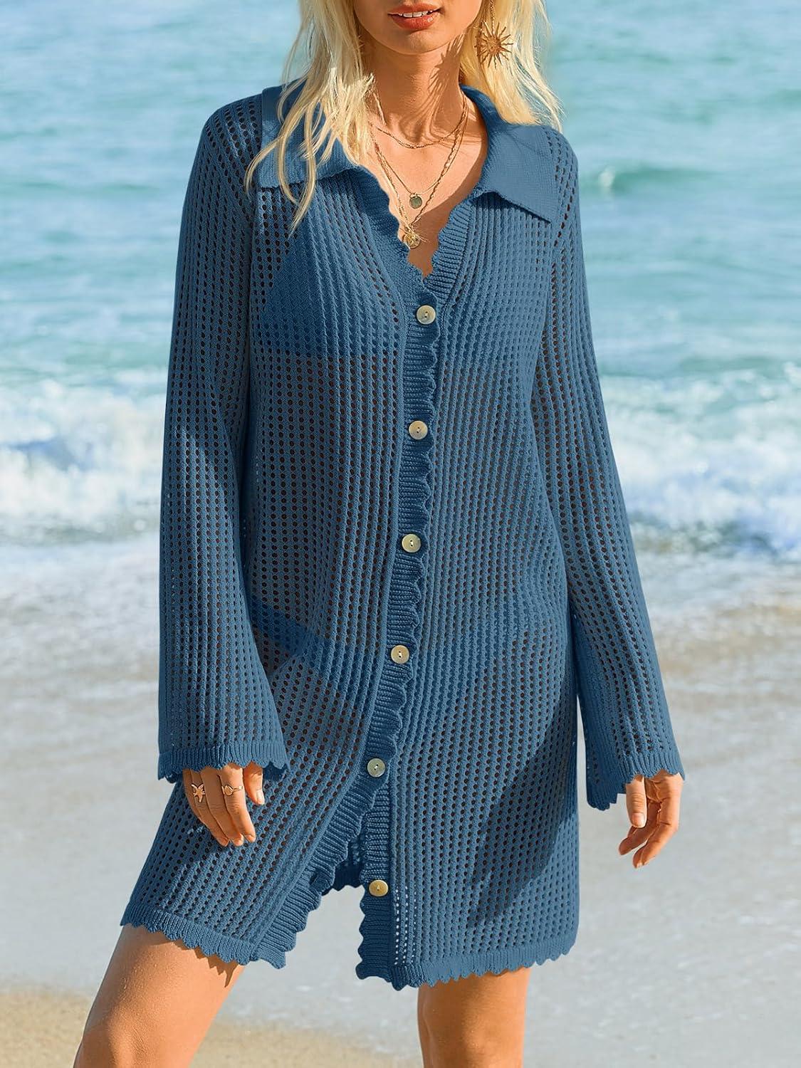 image:imageSaodimallsu Womens Crochet Swimsuit Coverup Button Down Long Sleeve Cardigan Mini Dress Beach Cover Ups Vacation OutfitsBlue