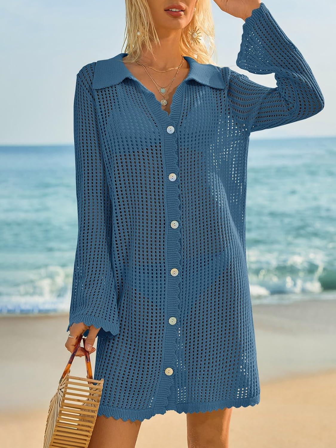 image:imageSaodimallsu Womens Crochet Swimsuit Coverup Button Down Long Sleeve Cardigan Mini Dress Beach Cover Ups Vacation OutfitsBlue