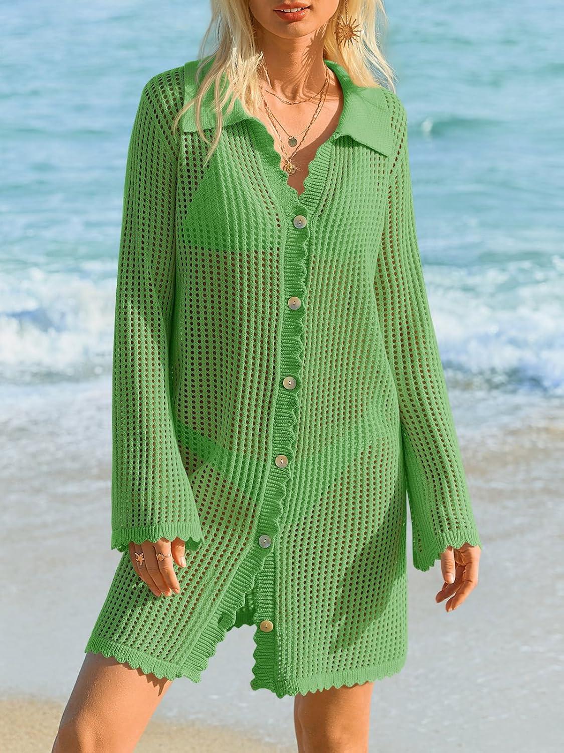 image:imageSaodimallsu Womens Crochet Swimsuit Coverup Button Down Long Sleeve Cardigan Mini Dress Beach Cover Ups Vacation OutfitsGreen
