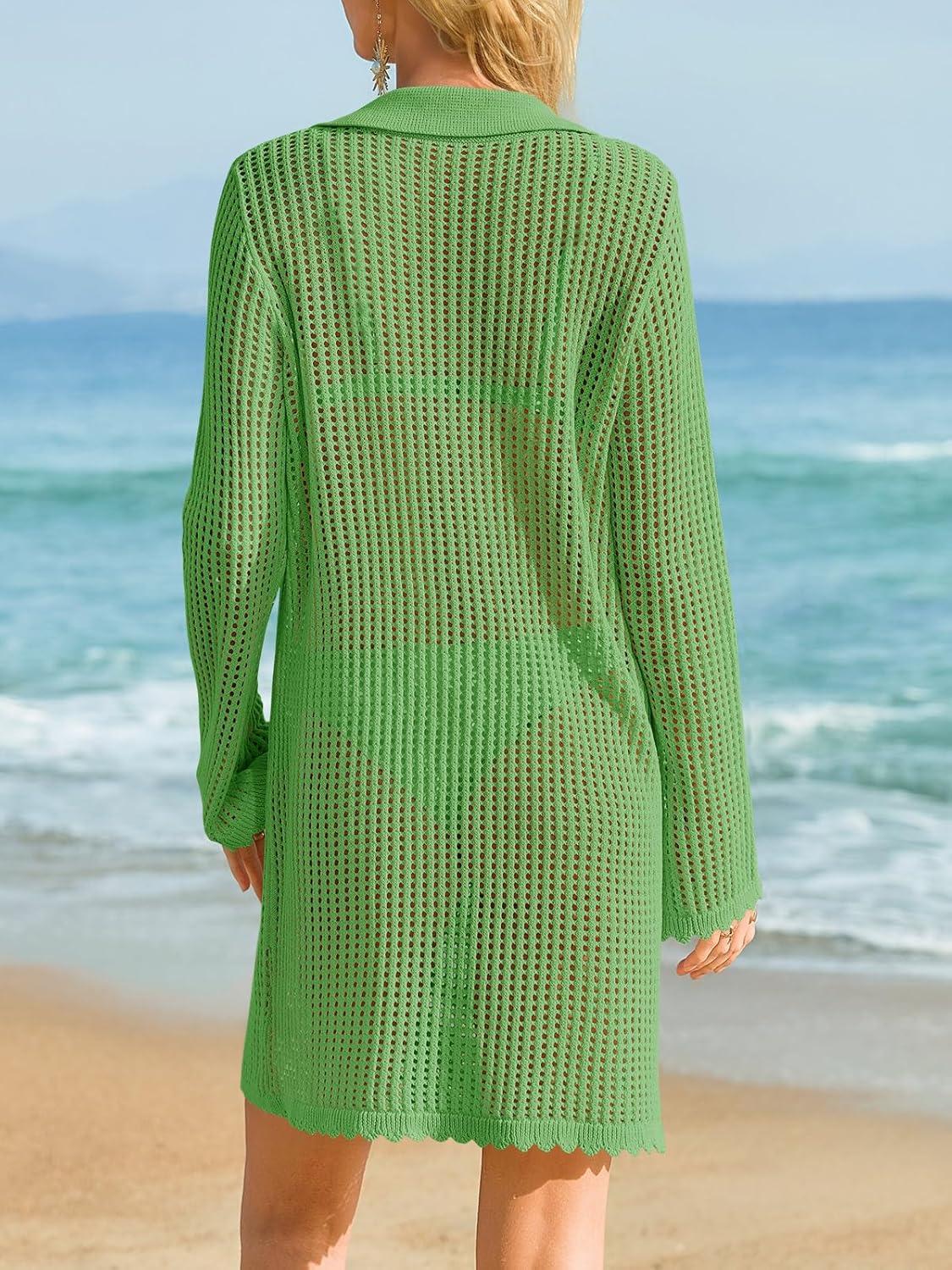 image:imageSaodimallsu Womens Crochet Swimsuit Coverup Button Down Long Sleeve Cardigan Mini Dress Beach Cover Ups Vacation OutfitsGreen