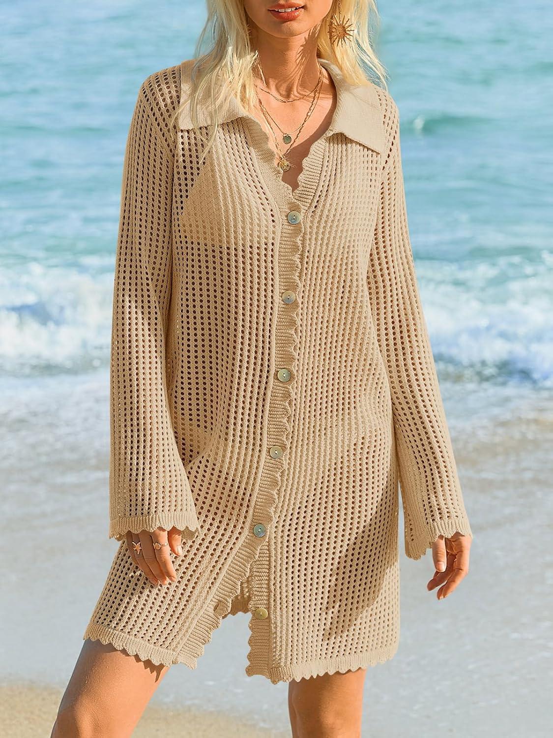 image:imageSaodimallsu Womens Crochet Swimsuit Coverup Button Down Long Sleeve Cardigan Mini Dress Beach Cover Ups Vacation OutfitsKhaki