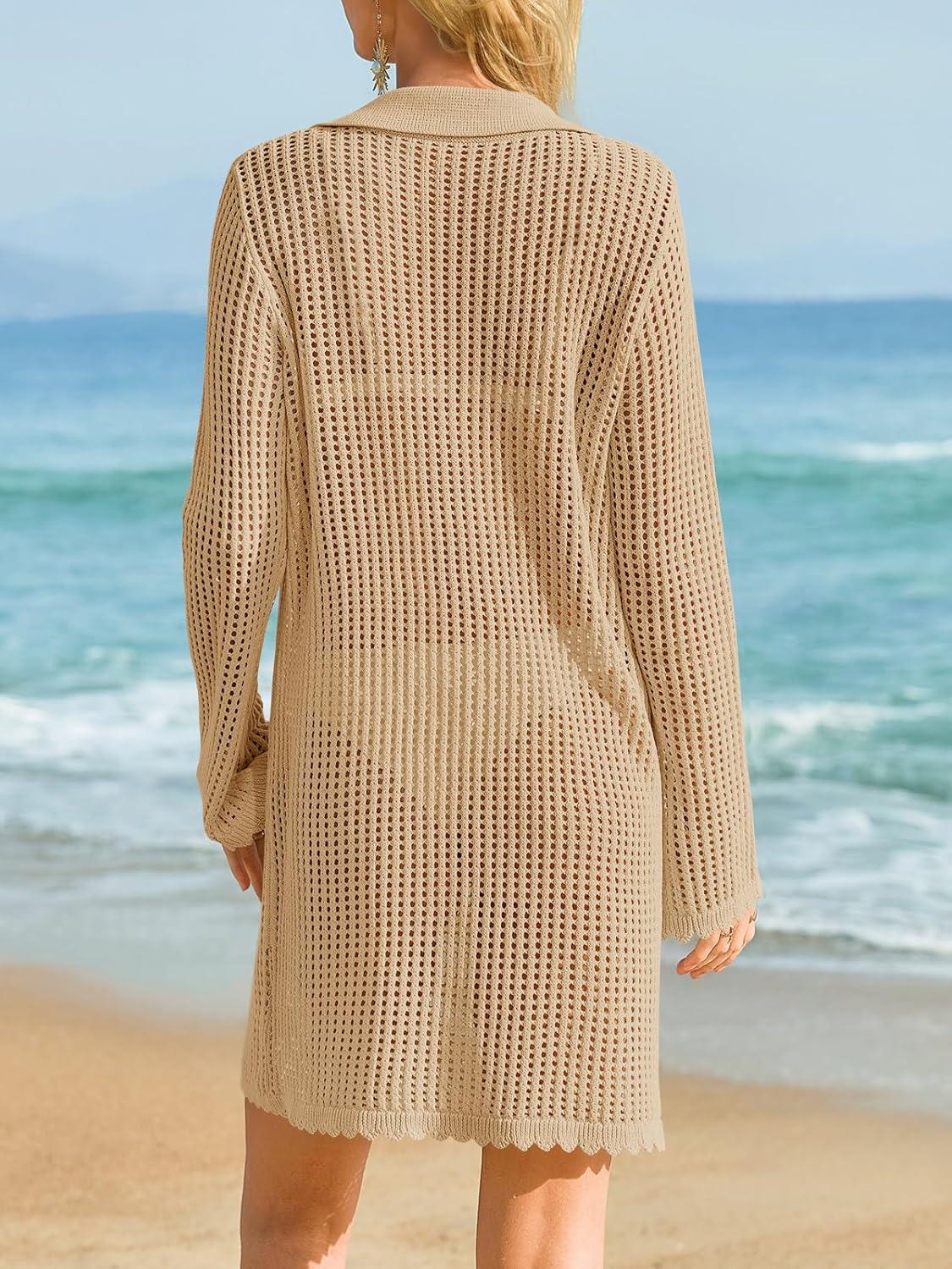 image:imageSaodimallsu Womens Crochet Swimsuit Coverup Button Down Long Sleeve Cardigan Mini Dress Beach Cover Ups Vacation OutfitsKhaki