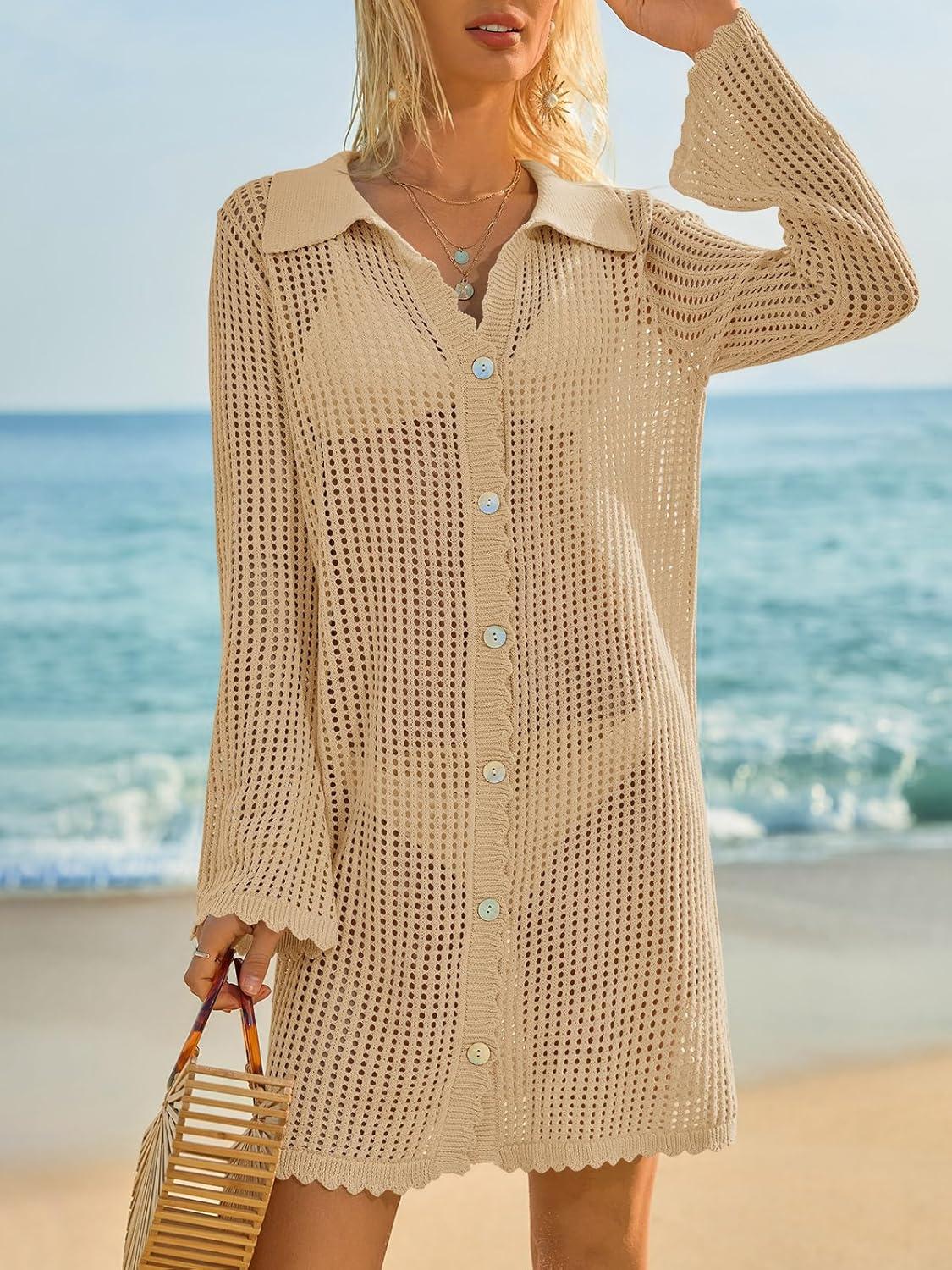 image:imageSaodimallsu Womens Crochet Swimsuit Coverup Button Down Long Sleeve Cardigan Mini Dress Beach Cover Ups Vacation OutfitsKhaki