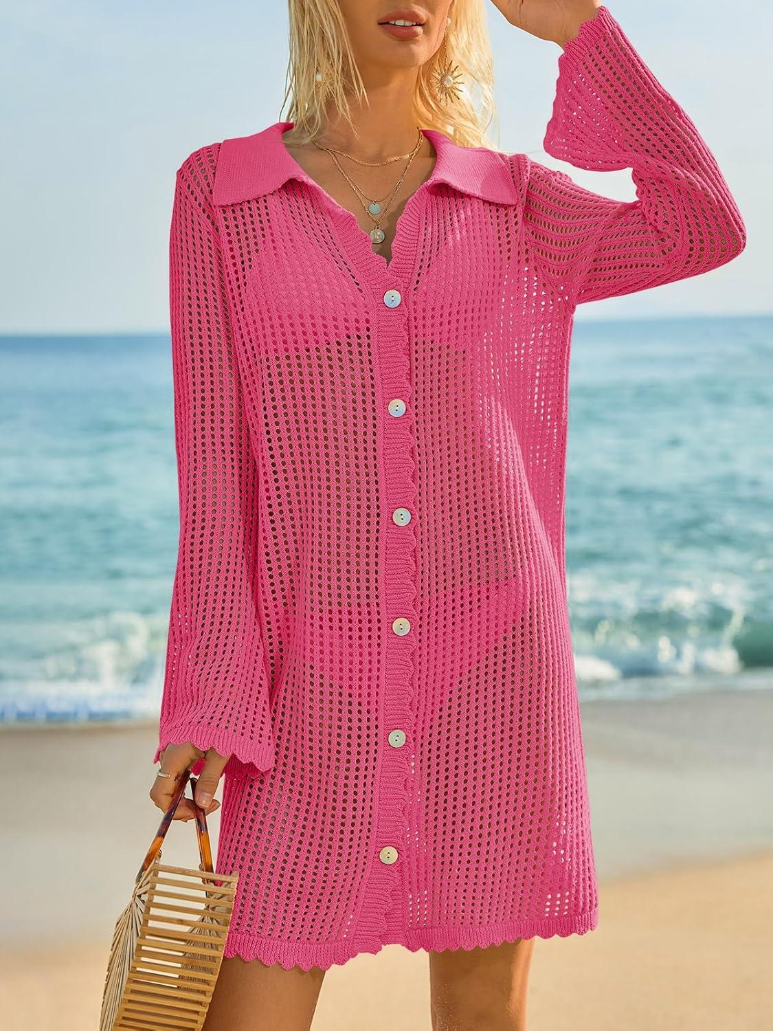 image:imageSaodimallsu Womens Crochet Swimsuit Coverup Button Down Long Sleeve Cardigan Mini Dress Beach Cover Ups Vacation OutfitsRose Red