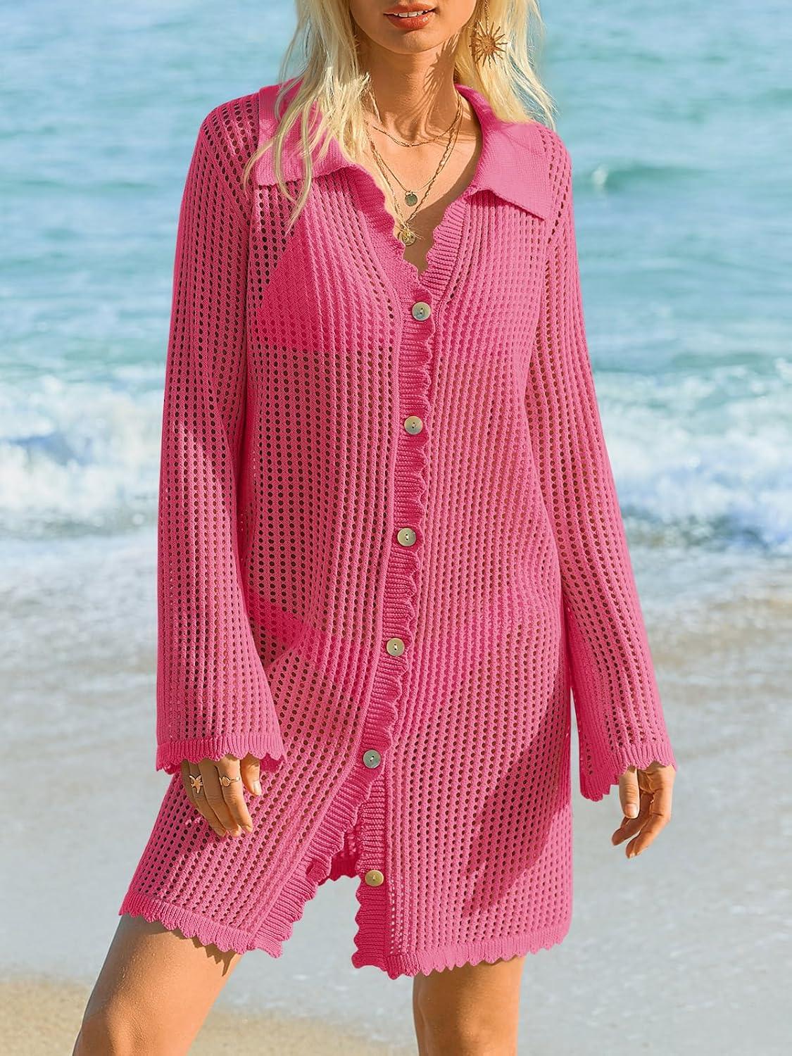 image:imageSaodimallsu Womens Crochet Swimsuit Coverup Button Down Long Sleeve Cardigan Mini Dress Beach Cover Ups Vacation OutfitsRose Red