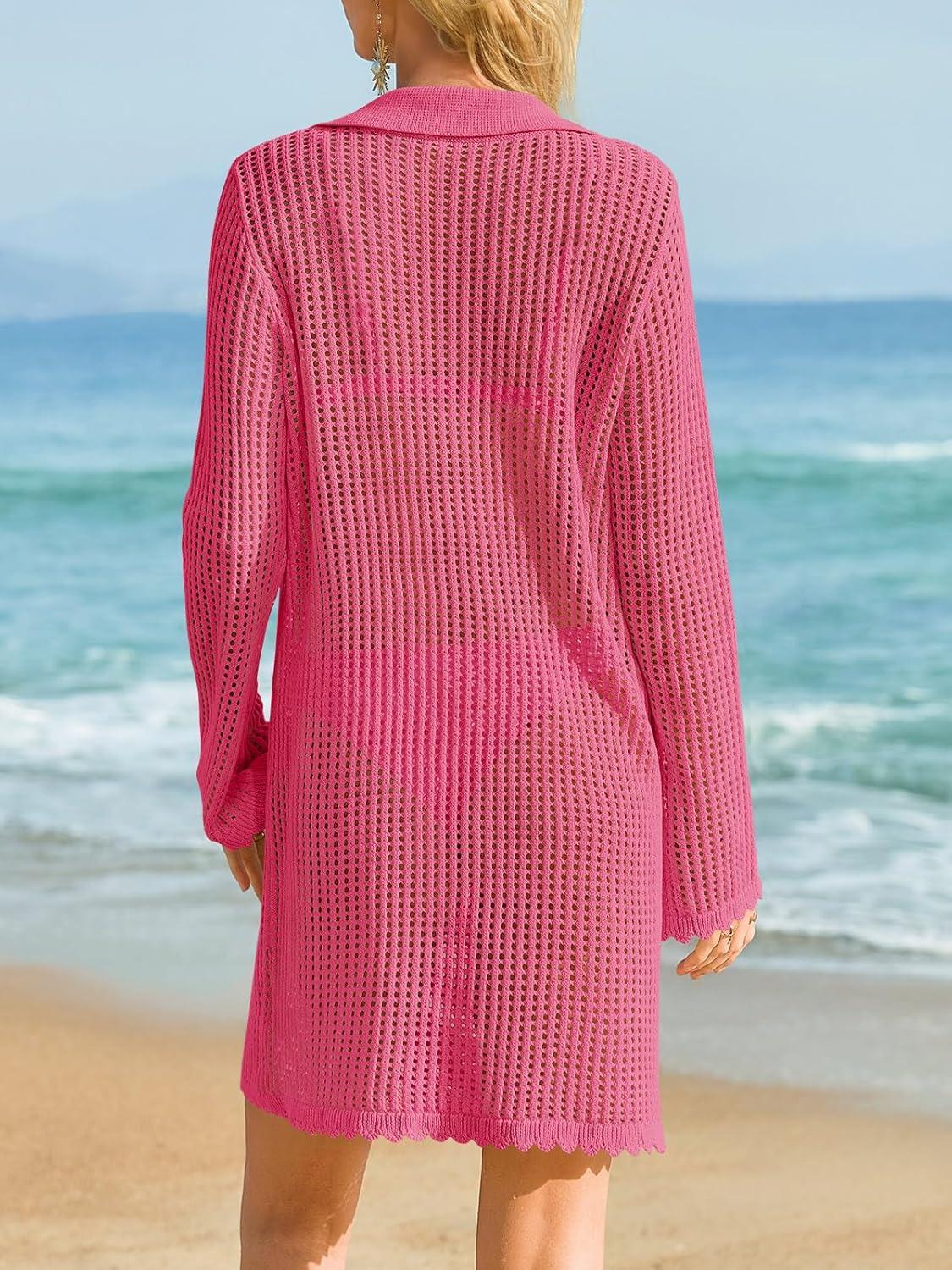 image:imageSaodimallsu Womens Crochet Swimsuit Coverup Button Down Long Sleeve Cardigan Mini Dress Beach Cover Ups Vacation OutfitsRose Red