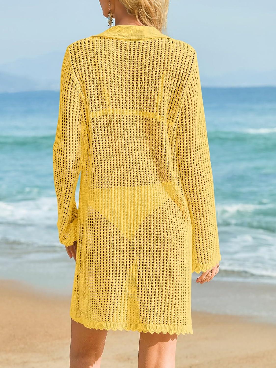 image:imageSaodimallsu Womens Crochet Swimsuit Coverup Button Down Long Sleeve Cardigan Mini Dress Beach Cover Ups Vacation OutfitsYellow