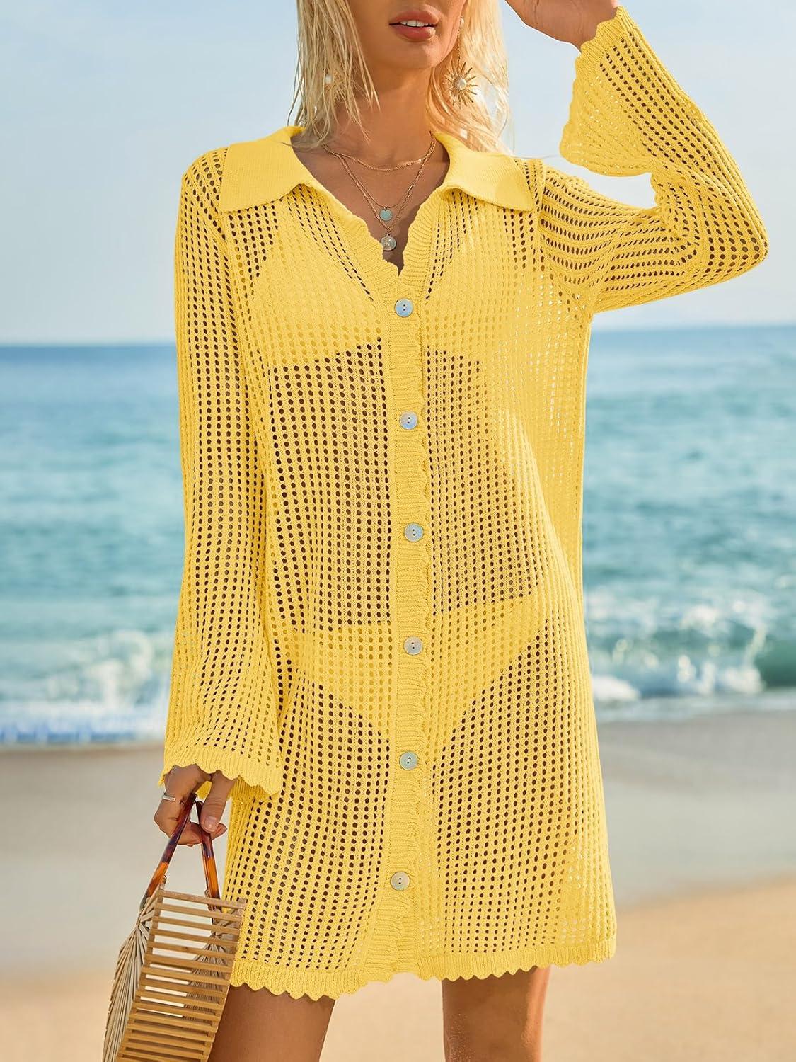 image:imageSaodimallsu Womens Crochet Swimsuit Coverup Button Down Long Sleeve Cardigan Mini Dress Beach Cover Ups Vacation OutfitsYellow