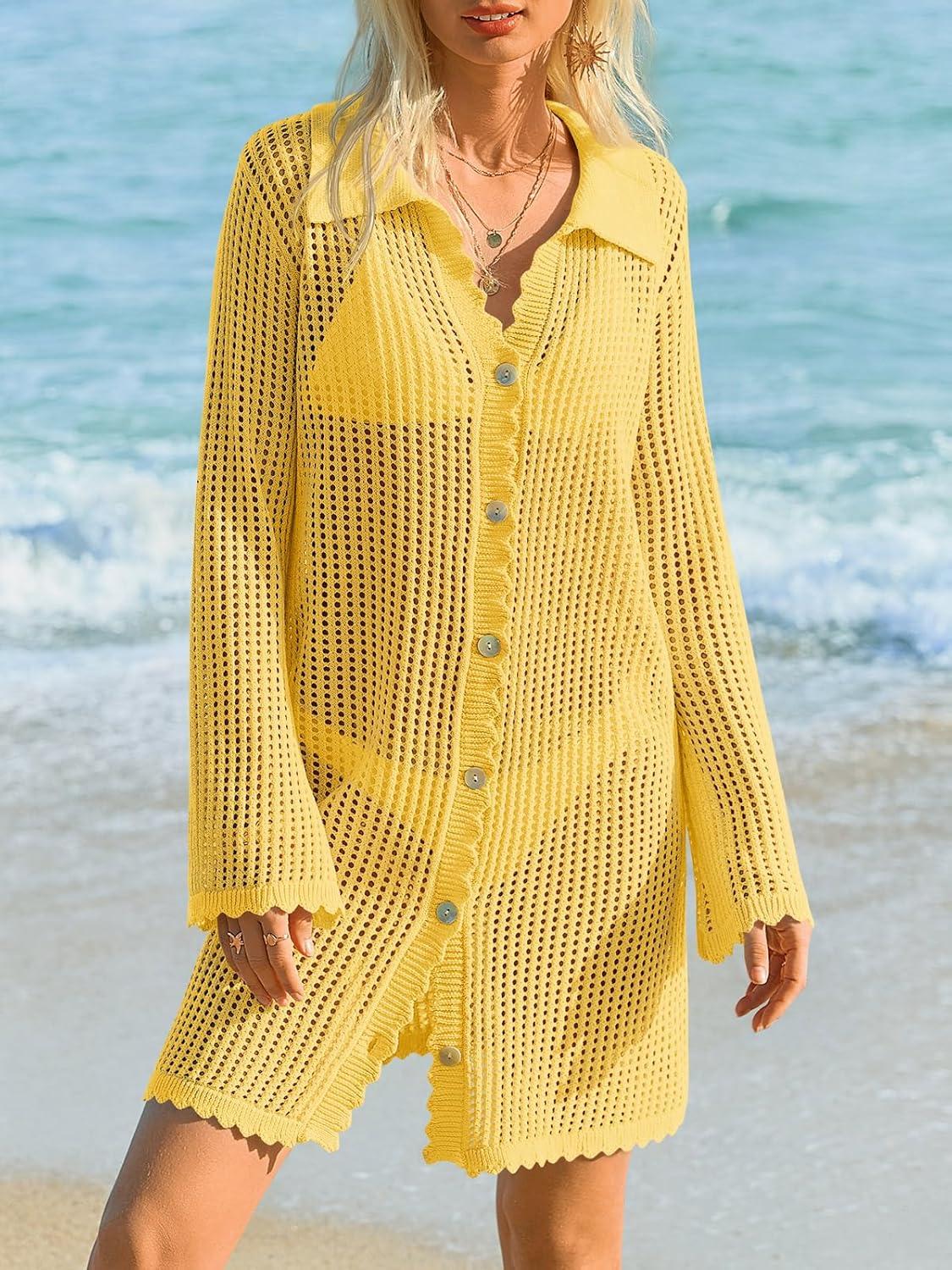 image:imageSaodimallsu Womens Crochet Swimsuit Coverup Button Down Long Sleeve Cardigan Mini Dress Beach Cover Ups Vacation OutfitsYellow