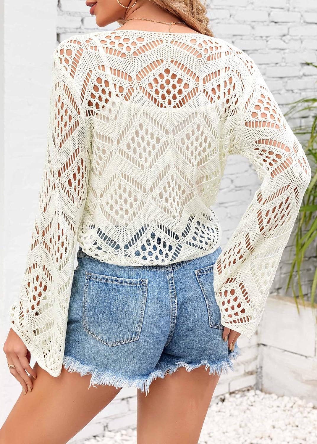 image:imageSaodimallsu Womens Crochet Tie Front Cardigans Bell Long Sleeve Lightweight Knit Summer Crop Tops Vacation OutfitsBeige