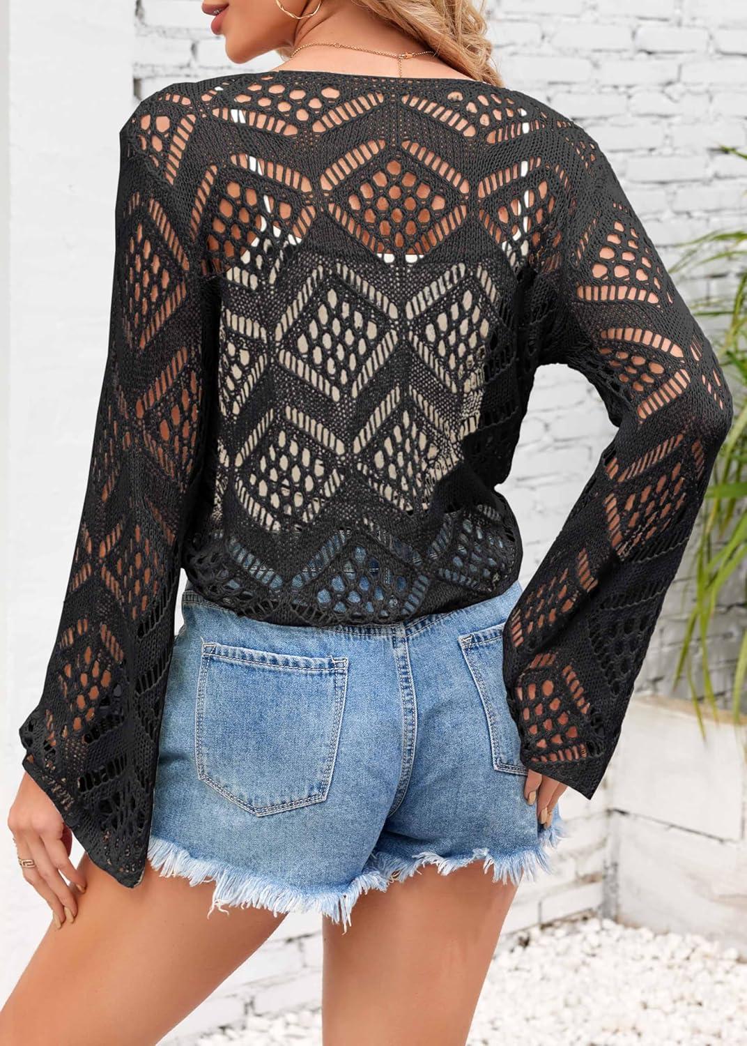 image:imageSaodimallsu Womens Crochet Tie Front Cardigans Bell Long Sleeve Lightweight Knit Summer Crop Tops Vacation OutfitsBlack